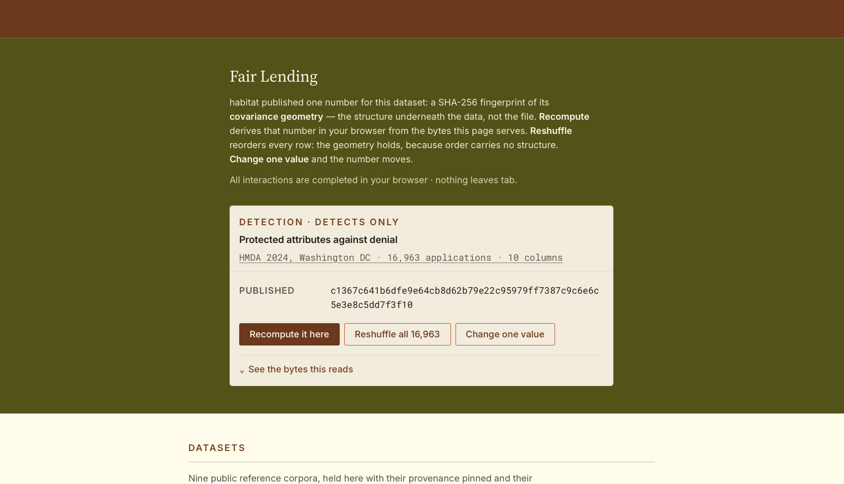 The Fair Lending case page: HMDA 2024, one published fingerprint, recompute, reshuffle, change one value